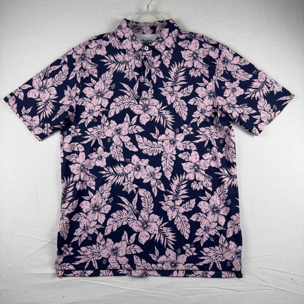 Straight Down Mens Performance Golf Polo Shirt Large Pink Navy Floral Hibiscus